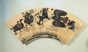 ヘラクレスがプロメテウスをワシの苦しみから解放した様子を描いた花瓶の断片、黒像式の陶器 作： Greek School