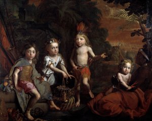 世界の 4 つの部分 右側には、アフリカを象徴する奴隷看護師の腕の中の子供が描かれ、中央にはアメリカ (インドの子供) がその富をヨーロッパに (籠を持って) 差し出し、アジアは服を着た子供を装っている。 シルク。 グレゴール B の絵画 作： Gregor Brandmuller