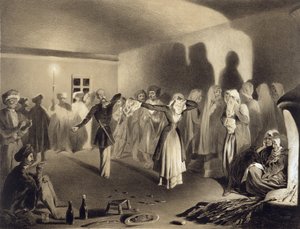 1847年、パリのアルフレッドレオンルメルシエによって出版されたセレスティンフランソワナントゥイユ（1813-73）によって刻まれた、コーカサスに関する本からのプレート55、ダゲスタンのカガクーラでのダンスパーティー 作： Grigori Grigorevich Gagarin