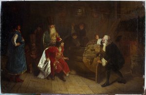 ロシア艦隊の祖父。 （ロシア艦隊の祖父）。 ピョートル大帝 (1672 ～ 1725 年) の子供時代のシーン。祖父のニキータ ロマノフ (?) の家で、航海への情熱の原点である英国のカヌーを発見しました。 描きました 作： Grigori Grigoryevich Myasoedov