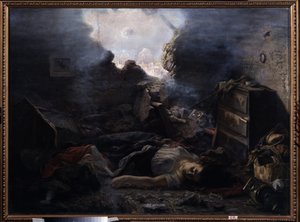 セヴァストポリ包囲戦 (ウクライナ) (セヴァストポリ包囲戦)。 クリミア戦争 (1853-1856) の残虐行為の説明、1854 年のセバストポリ包囲戦のエピソード中。破れた壁のある家の床に女性と赤ちゃんの死体が横たわっている 作： Grigori Grigoryevich Myasoedov