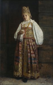 1871年にロシアの伝統的な服を着たクルスク出身の女性