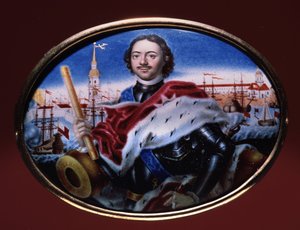皇帝ピョートル大帝 (1672-1725) の肖像画、サンクトペテルブルクの聖ペテロと聖パウロの要塞の景色。 (サンクトペテルブルクのピーターとポールの要塞を望む皇帝ピョートル 1 世の肖像)。 Grigori Semyonovich Mu のアートワーク 作： Grigory Semyonovich Musiklysky