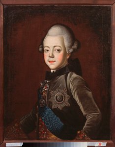 子供の頃のパーヴェル・ペトロヴィッチ大公 (1754-1801) の肖像 (ロシア皇帝パヴェル 1 世)。 グリゴリー・セルジュコフ (1744-1785) の絵画、キャンバスに油彩 作： Grigori Serdyukov