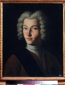 ロシアの皇帝ピョートル 2 世 (1715-1730) の肖像 (ロシアの皇帝ピョートル 2 世の肖像)。 Grigori Dmitrievich Molchanov (1730 年頃 - 1786 年以降) による絵画、キャンバスに油彩、18 世紀のロシア美術。 国立トレチャコフ美術館、モスクワ。 作： Grigory Dmitriev Molchanov