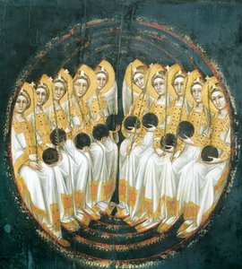 グアリエント（活動期：1338-1367または1370）作、パネルにテンペラ、手にオーブを持つ天使の座像