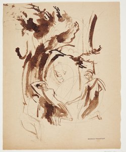 木の下でひざまずいてリクライニングする姿のあるアンティークシーン 作： Gudrun Traustedt
