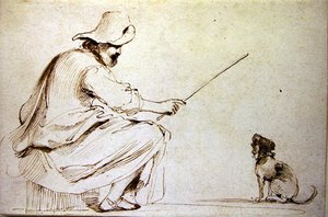 犬の訓練をしている座った人（紙にペン、茶インク、ウォッシュ） 作： Guercino