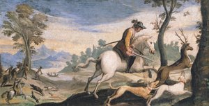 鹿とイノシシの狩猟」グエルチーノことジョヴァンニ・フランチェスコ・バルビエリ（1591-1666）作、フレスコ画、53x101cm 作： Guercino