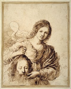 ホロフェルネスの首を持つジュディス (クリーム色の紙にペンと茶色のインク) 作： Guercino (1591 1666)
