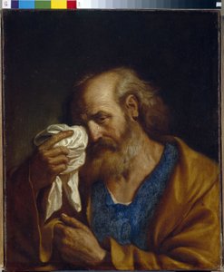 使徒聖ペテロ (Peter The Apostle)。 顔に流れ落ちる涙を拭うイエスの弟子の肖像。 Guercino (Le Guerchin) (1591-1666) として知られる Giovanni Francesco Barbieri の絵画、キャンバスに油彩