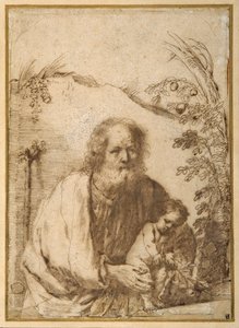 リンゴの木の小枝を握る聖ヨセフと幼いキリスト（紙にペン・インク 作： Guercino