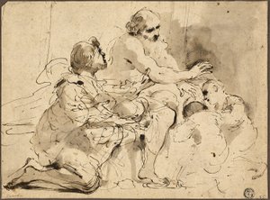 ヨセフの息子たちを祝福するヤコブの習作》1620年頃（ペン、茶インク、筆、灰色と茶色の水彩画） 作： Guercino (1591 1666)