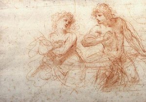 裸の男と女の習作（赤チョーク） 作： Guercino