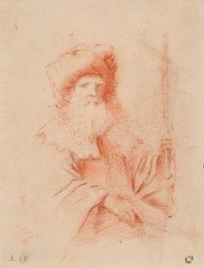 ターバンのひげを生やした男のスケッチ (紙に赤いチョーク) 作： Guercino