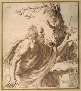 砂漠で読書する聖人（紙にペン＆インク 作： Guercino