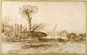 氾濫する川と斧などの道具を持った農民たち（紙にチョークの上にペンとインク 作： Guercino