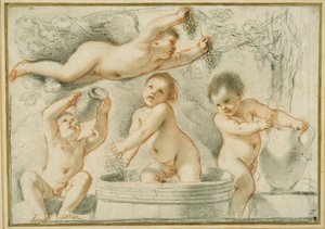 ワイン作りのアレゴリー（紙に赤と黒のチョークとインク 作： Guercino