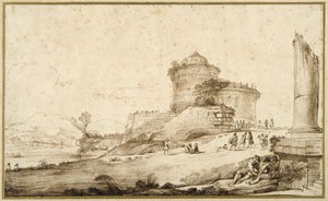 右手前に壊れた柱、城、多数の人物がいる風景（紙にペンとインク 作： Guercino