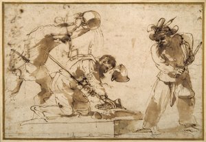 コメディア・デラルテのキャラクターを使った風刺的な題材（紙にペン、茶インク 作： Guercino