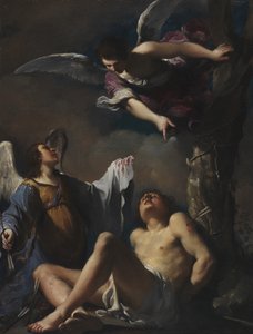 2人のアンジェクに助けられた聖セバスティアヌス 作： Guercino