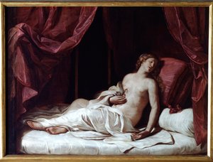 女王クレオパトラの死 古代エジプトの女王、クレオパトル7世テア・フィロパトル（紀元前69～30年）の自殺 - （女王クレオパトラの死） 絵画 グェルチーノ（ジョヴァン・フランチェスコ・バルビエリ）（ゲルチン）（1591～1666年） 1648年 おぼろげに 173x237 cm ゲネス、ストラーダ博物館
