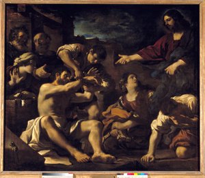 ラザロの蘇生。ジョヴァンニ・フランチェスコ・バルビエリ・グエルチン（イル・グエルチーノ）（1591-1666）の絵画。1619 Sun.2,01×2,33 m 作： Guercino