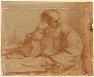 テーブルに座っているひげを生やした男 作： Guercino