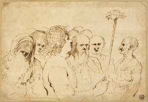 棒にフクロウを乗せた人物のグループ 作： Guercino
