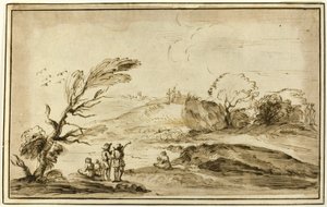 風景の中の人物の 2 つのグループ 作： Guercino