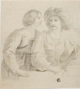 会話中の 2 人の若い女性、1 人はターバンを着用 作： Guercino