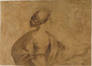 横顔の女性、左手で指さす 作： Guercino