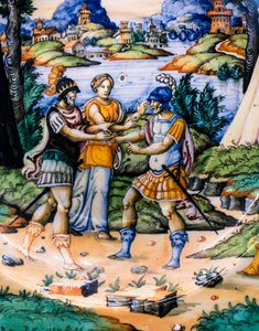 皿：ラティヌスとエネアス、詳細 1540年頃（マジョリカ） 作： 