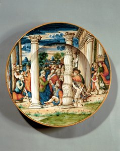 神殿で足の不自由な人を癒す聖ペトロと聖ヨハネを描いた皿 1540-50年頃（マイオリカ） 作： Guido Di (workshop of) Merlino