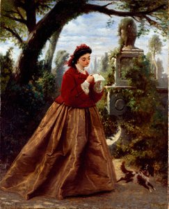 The letter ロマンチックな風景の中で、おそらく愛の手紙を読む若い女性。グイド・ゴニン（1833-1906）による絵画 1868年 ジェネ、近代美術館（Galleria d