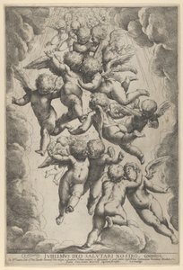 飛行中に抱き合う天使のグループ。雲に囲まれています。 1607 年頃。 1607年。 作： Guido Reni
