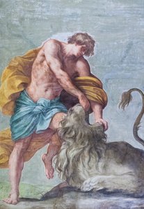 サムソンの物語の場面を描いた、アルドブランディーニの結婚式の部屋の天井のフレスコ画 (フレスコ画) 作： Guido Reni
