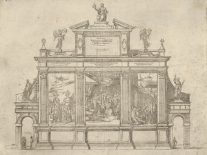 教皇クレメンス 8 世の功績を描いた 3 つのシーンがある凱旋記念碑の正面、1598 年。 作： Guido Reni
