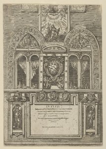 ボローニャのパラッツォ・デル・セナートのファサード、中央に教皇の腕、一時的な...、1598年. 作： Guido Reni