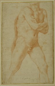 腕を組み、右肩を見ながら前に進む裸の男性（クリーム色の紙に赤チョーク 作： Guido Reni