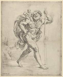 幼子キリストを右肩に乗せて歩く聖クリストファー。 1600-1640。 作： Guido Reni