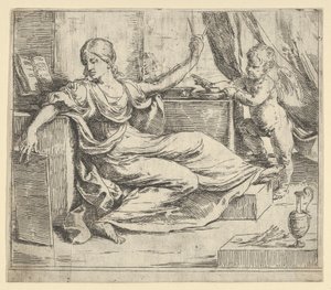 タブレットとコンパスを持って座っている女性、学習の寓意、翼のあるプット…、ca. 1600-1640。 作： Guido Reni
