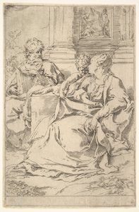 背景に聖書の場面がある聖家族。 作： Guido Reni