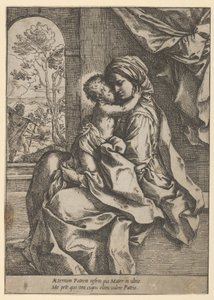 幼子キリストをひざの上に乗せて座る聖母、ジョセフは…を見た。 1600-1613。 作： Guido Reni
