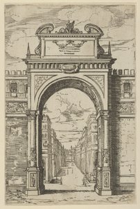 モーセ像がそびえ立つ凱旋門、下のアーチ越しに見える建物、1598 年。 作： Guido Reni