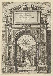 ボローニャ市を代表する像が上にある凱旋門、1598 年に見られる建物。 作： Guido Reni
