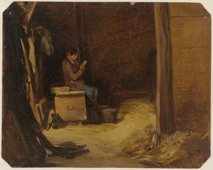 馬小屋で手紙を読んでいる少年 作： Guillaume Anne van der Brugghen
