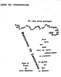 ギヨーム・アポリネール（1880-1918）のカリグラム。"ピジョニエから遠く離れて" 作： Guillaume Apollinaire