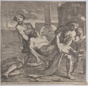 初期キリスト教徒の殉教者を埋葬のために運び出すアブドンとセンネン、1650～60年。 作： Guillaume Courtois