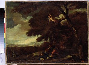 ""The Death of Saint Peter of Verone"" (聖ペテロ殉教者の暗殺) ドミニコ会の説教者、ヴェローネのピエトロ (ピエトロ ロジーニまたはピエトロ マルティーレまたはピエトロ ダ ヴェローナ) (1205-1252) は、ミラノに来る道で殺されます。 . ギヨーム・クルトイの絵画 作： Guillaume Courtois